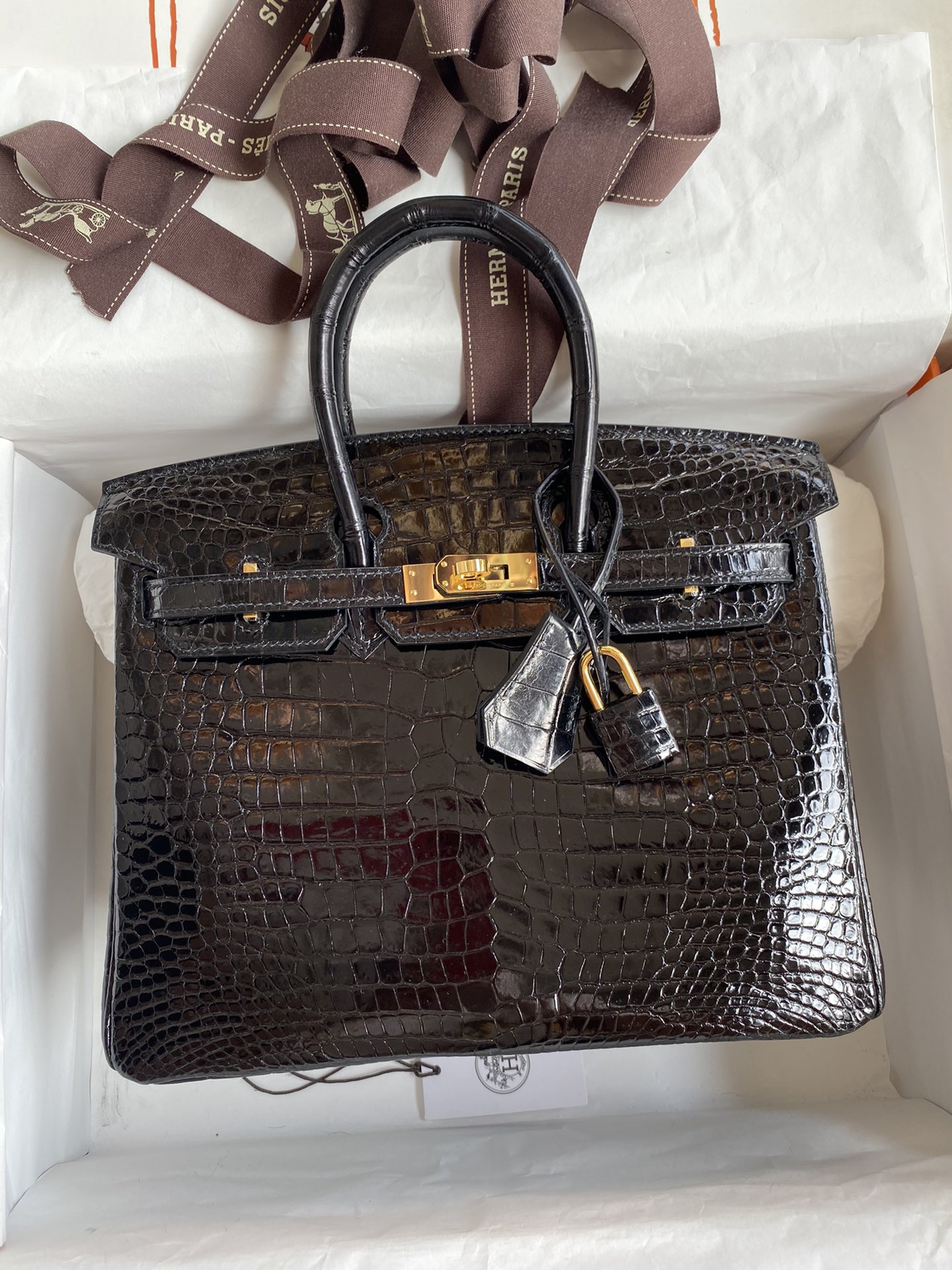 Hermes Birkin 25CM Handmade Bag In Black Crocodile Niloticus Shiny Skin